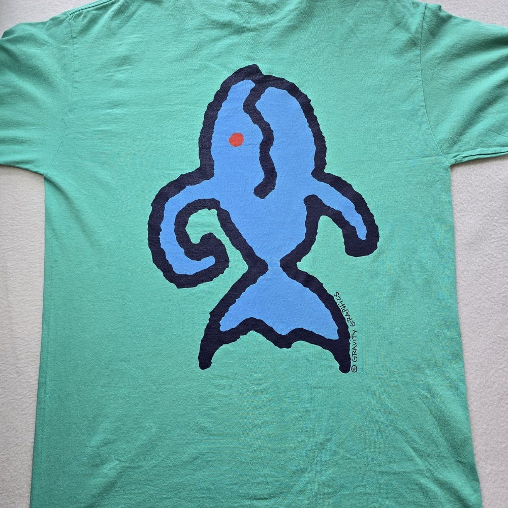Vintage 90s Gravity Skateboards Logo T-Shirt XL Teal Green Fish Made In USA Rare